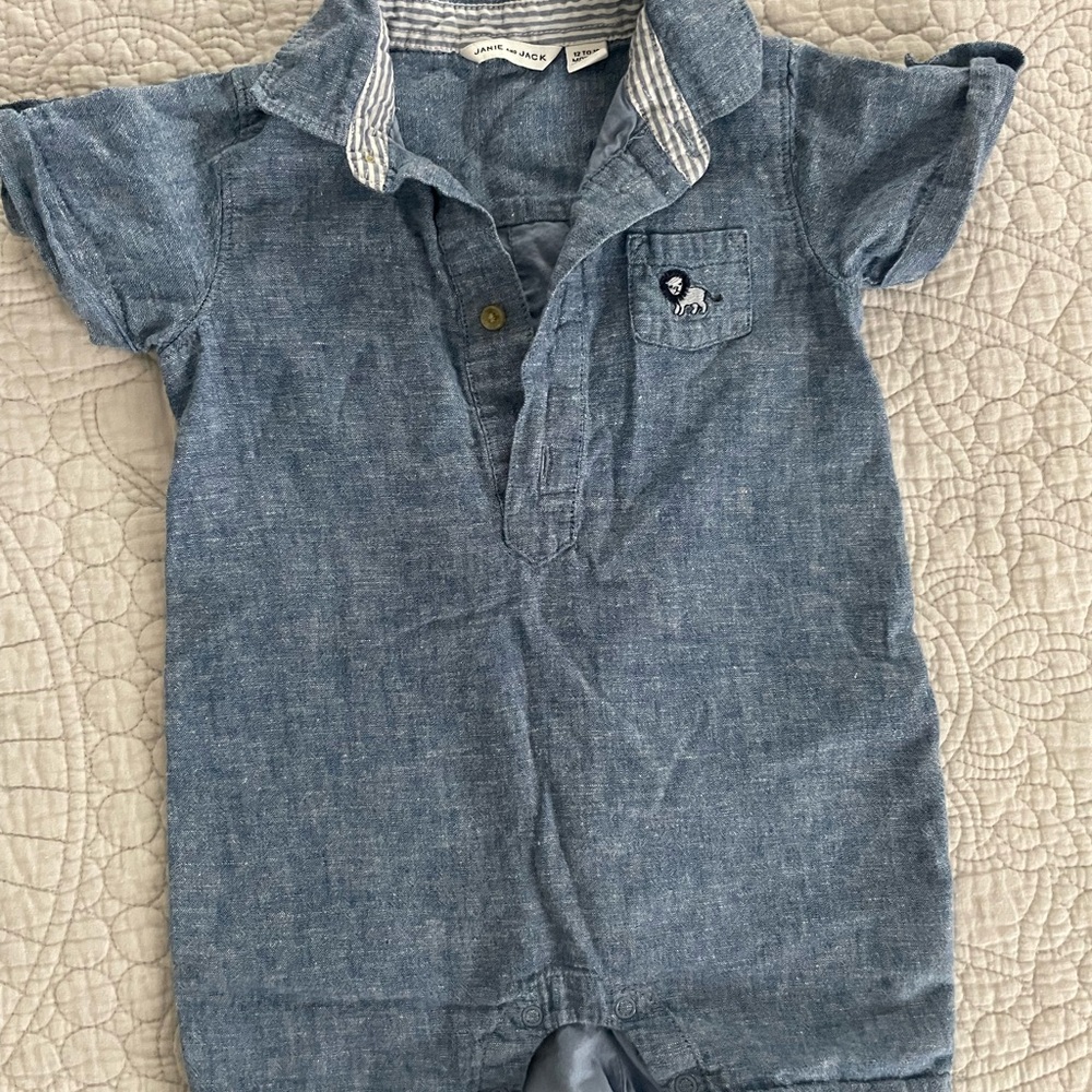 Janie and Jack Chambray Romper with Striped Collar